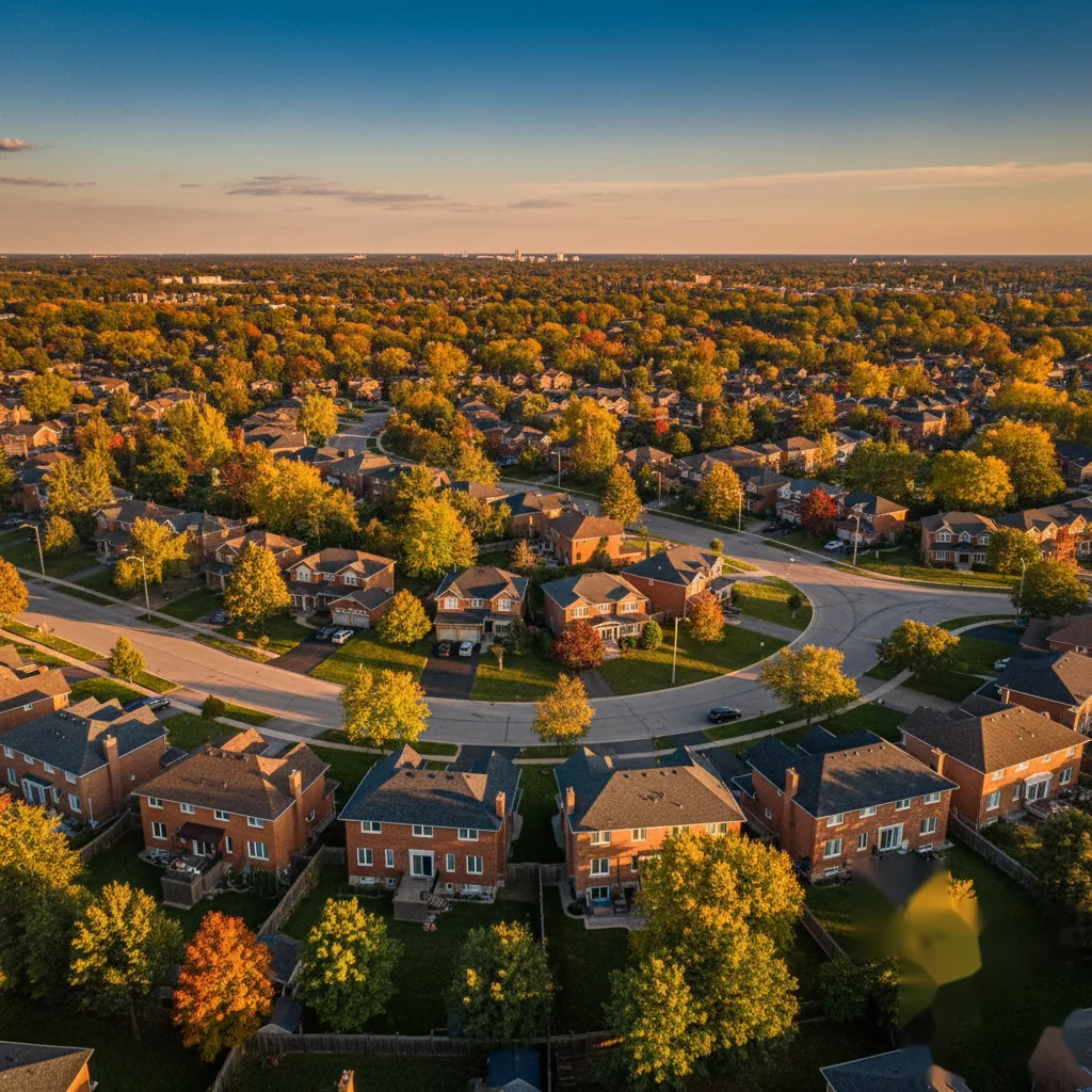 Drone view of Hamilton residential neighbourhood with freshly installed dark architectural shingle roofs at golden hour