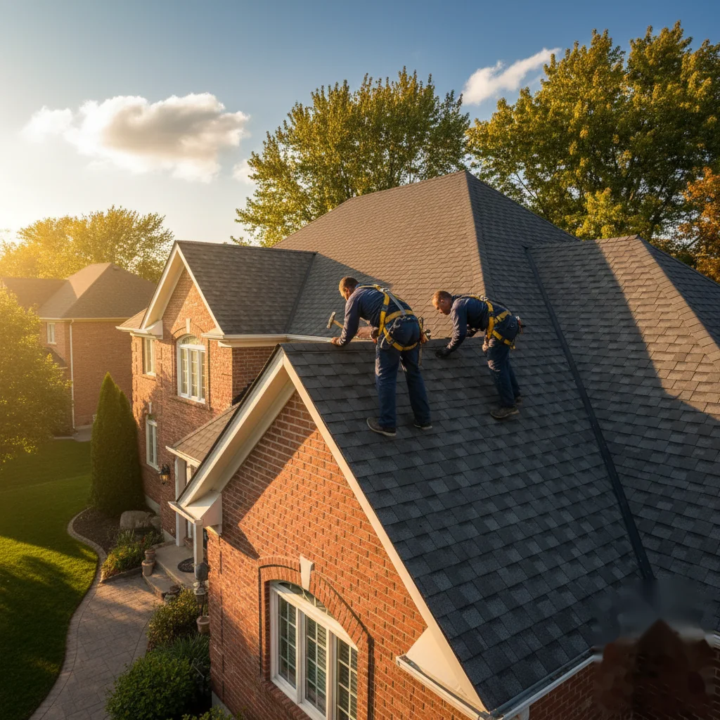 Platinum Roofing & Exteriors Hamilton crew installing architectural shingles on a Hamilton home at golden hour