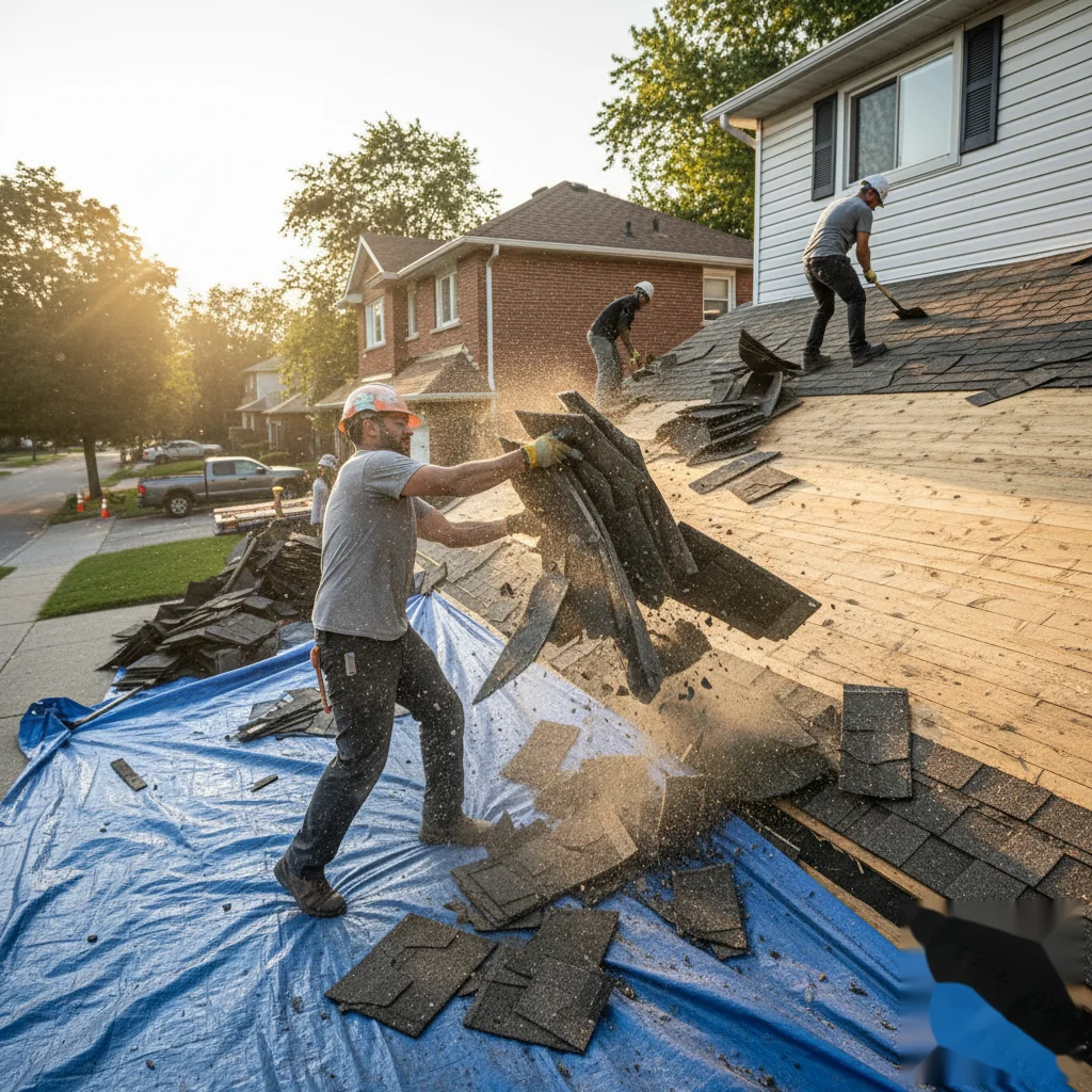 Roof tear-off in progress with shingles being removed and tarped driveway below