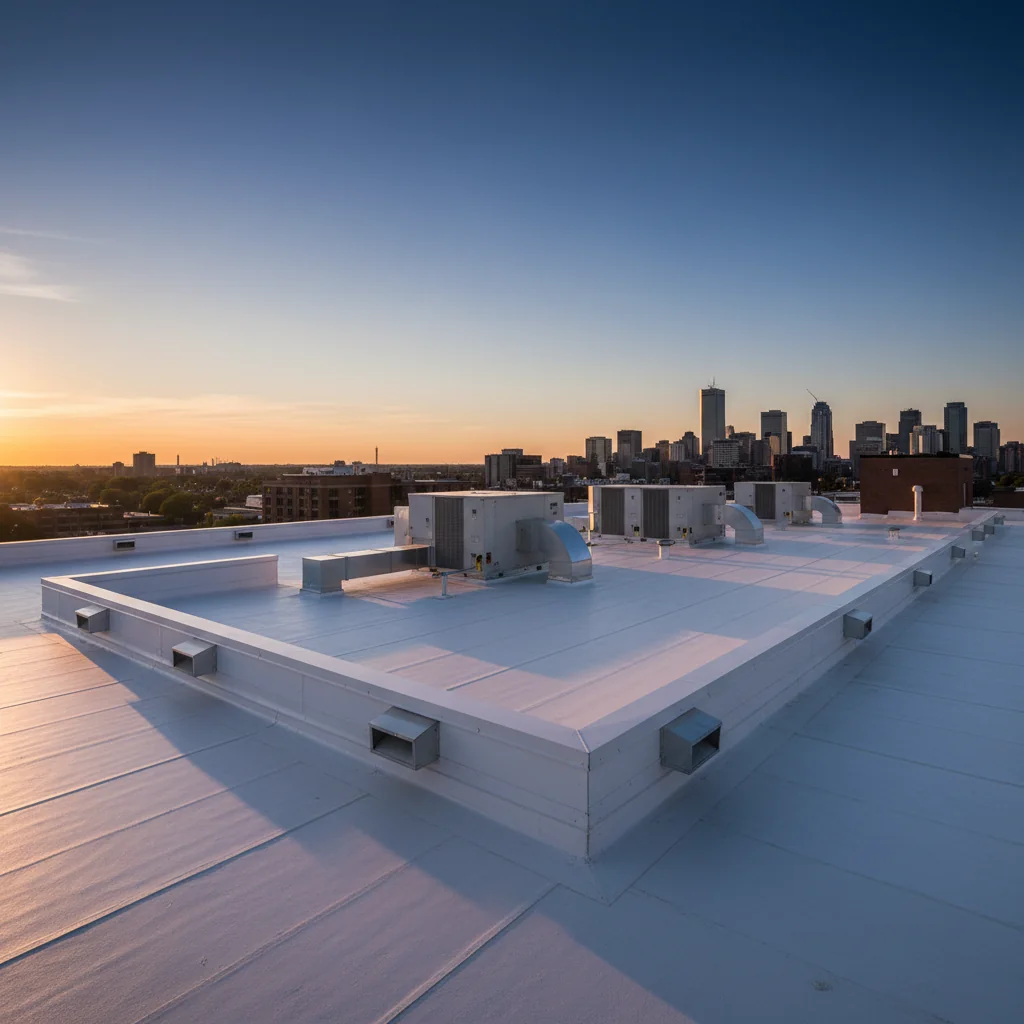 Commercial flat TPO membrane roof in Hamilton with downtown skyline at sunset