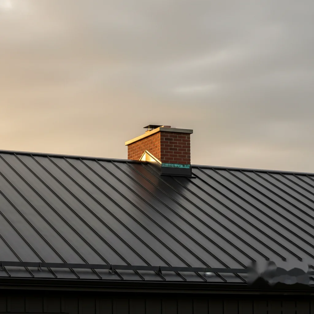 Standing-seam matte black metal roof on a modern Ontario farmhouse-style home